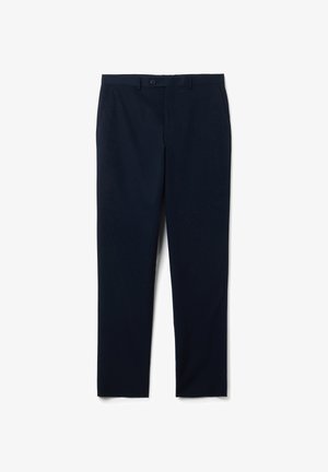 Pantaloni navy in tessuto liscio, con taglio dritto, chiusura con bottone e due tasche frontali. Nessun motivo o dettaglio visibile.