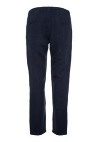 Navyblauwe linnen broek met een elastische tailleband, twee achterzakken en een taps toelopende fit. Soepele textuur met een lichte uitstraling.