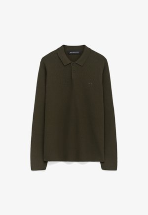 Ciemnozielona, długorękawowa koszulka polo z teksturowanej tkaniny, kołnierzykiem i zapięciem na trzy guziki, z subtelnym logo marki na piersi.