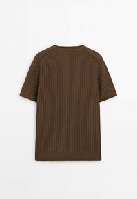 Brun strikket kortærmet sweater med en struktureret overflade, ribbet rund halsudskæring og ribbet kant, der har et gennemgående mønster.