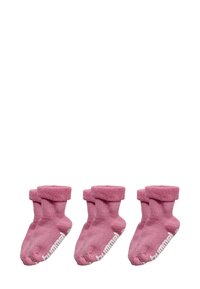 Drei Paar rosa Knöchelsocken mit einem flauschigen Bund, auf der Seite mit weißem Branding. Weiches Material, gerippte Textur und abgerundete Zehen.
