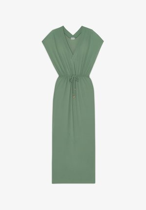 Green maxi dress with a V-neck, short sleeves, and a drawstring waist. Made of smooth fabric, featuring gold accents on the drawstring.