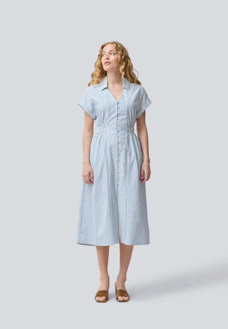 Abito a camicia a righe in blu chiaro e bianco. Maniche corte, vita aderente, gonna fluida che arriva fino al polpaccio. Tessuto morbido al tatto.