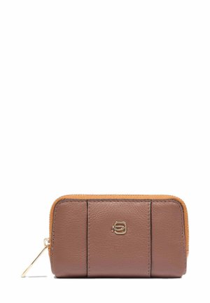 Brown leather zip wallet with a tan accent, featuring three visible seams and a gold logo detail on the front. Smooth texture.