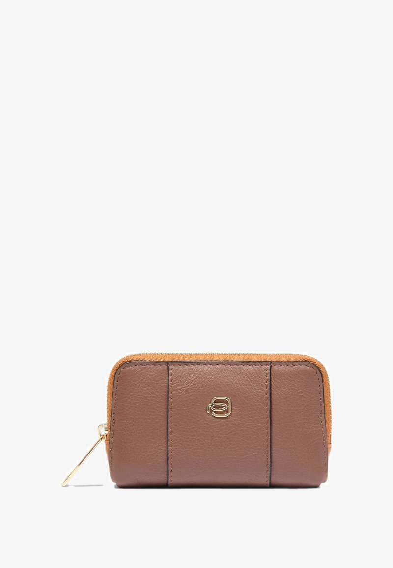 Brown leather zip wallet with a tan accent, featuring three visible seams and a gold logo detail on the front. Smooth texture.