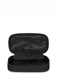 Black zippered case with fabric exterior, interior pocket, and seamless design. Features a hook-and-loop closure for secure storage.