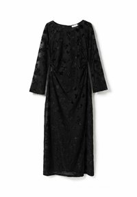 Juoda ilgos rankovės suknelė, pagaminta iš permatomo audinio su siuvinėtais gėlių raštais. Turi apvalų iškirpimą ir grindis siekiantį dizainą.