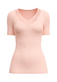 Top a maniche corte, con trama a coste, di un morbido rosa con scollatura a V e bordo in pizzo. La texture liscia e la forma aderente ne esaltano il design.