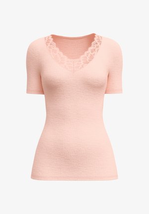 Short-sleeve, ribbed top in soft pink with a V-neck featuring a lace trim. Smooth texture and fitted shape enhance its design.