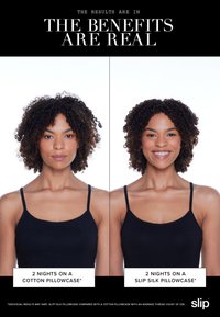 Frau mit lockigem Haar in schwarzem Tanktop, gezeigt vor und nach zwei Nächten auf einem Baumwollkissenbezug vs. Seidenschlupfkissenbezug, nach der Seide mit mehr Lächeln.