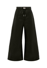 Pantalons larges noirs en matériau brillant, dotés d'une taille élastique avec cordons de serrage et de deux poches latérales.