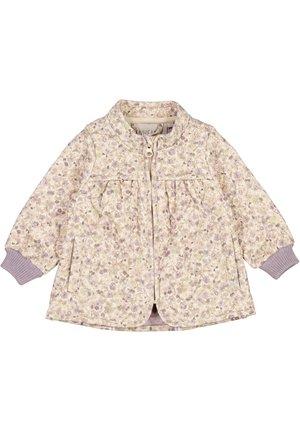 Kurtka dla malucha z pastelowym kwiatowym wzorem, zapinana z przodu na suwak, z elastycznymi mankietami i dwiema bocznymi kieszeniami.
