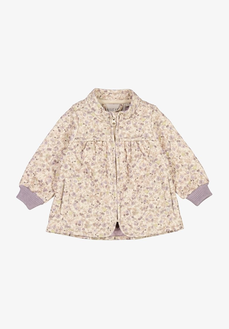 Veste pour tout-petit avec motif floral pastel, fermeture éclair à l'avant, poignets élastiques et deux poches latérales.