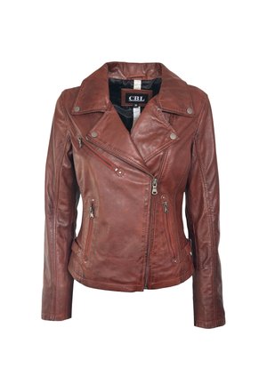 Bruine leren motorjas met asymmetrische ritssluiting aan de voorkant, drie ritssluitbare zakken, brede revers en zilverkleurige drukkers, maat 36.