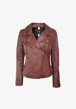 Braune Leder-Bikerjacke mit asymmetrischem Frontreißverschluss, drei Reißverschlusstaschen, breiten Revers und silbernen Druckknöpfen, Größe 36.