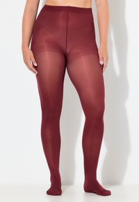 Bordeauxfarbene Strumpfhosen mit einer glatten, halbtransparenten Textur, breitem Rippbund und nahtlosem Abschluss vom Bund bis zu den Zehen.