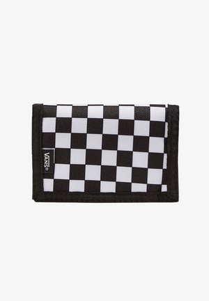 Black and white checkerboard wallet made from durable fabric with a stitched edge. Front features a Vans logo tag on the side.
