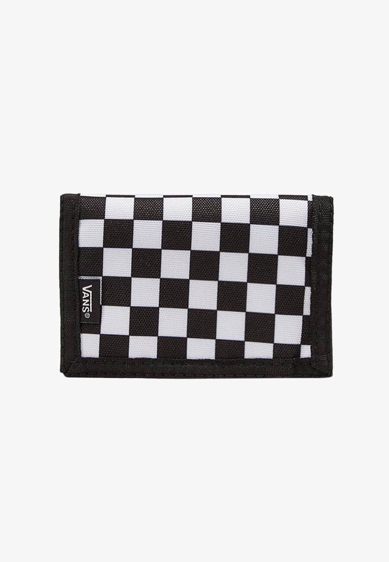 Black and white checkerboard wallet made from durable fabric with a stitched edge. Front features a Vans logo tag on the side.