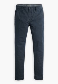 Navy chinos tillverkade av en bomullsblandning, med knappstängning, bältesslingor och sidofickor, med en slät, matt yta.