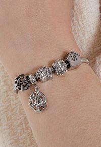 Silver charm bracelet featuring various charms: a paw print, a house, a circular tree of life pendant, and ornate bead designs.