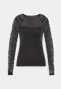 Svart långärmad topp med texturerad, skimrande kropp och volangärm. Har rund halsringning och figurnära design.