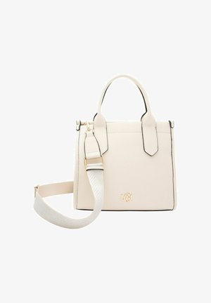 Witte leren handtas met textuur, gouden hardware, zwarte randen, bovenhandvaten en een verstelbare schouderriem met patroon. Voorzien van een logo detail.