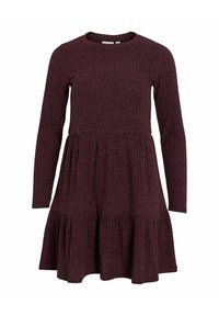 Robe côtelée bordeaux foncé à manches longues, décolleté rond et jupe croisée évasée. Fabriquée en tissu texturé.