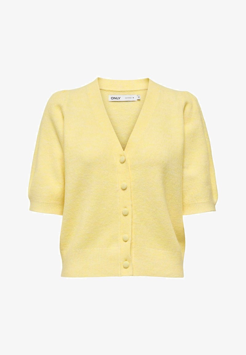 Cardigan jaune clair à manches courtes avec col en V, cinq boutons recouverts de tissu sur le devant, et bordures côtelées aux ourlets et aux poignets.