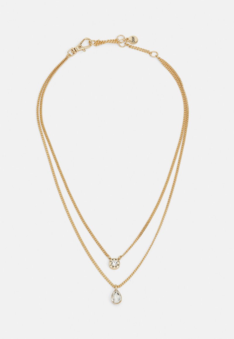 Gold-tone double-layer necklace featuring a round pendant with a crystal and a teardrop pendant. The chains have a twisted design.
