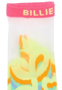 Chaussettes transparentes avec un bord côtes rose portant "BILLIE" en jaune, décorées de motifs de bonbons multicolores dans des tons pastel.