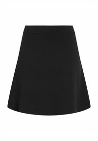Jupe évasée noire en tissu doux. Elle présente une taille lisse et un ourlet qui s'évasent légèrement, offrant un design simple et classique.
