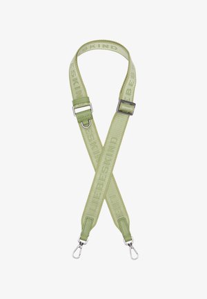 Verstellbarer hellgrüner Stofftaschengurt mit silbernen Karabinern und "LIEBESKIND" Prägung auf dem Gurt.