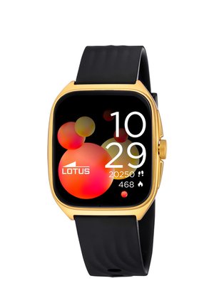 Smartwatch med guldramme, sort rem, farverigt cirkulært design på skærmen, der viser tid 10:29, trinantal 20.250 og kalorier 468.