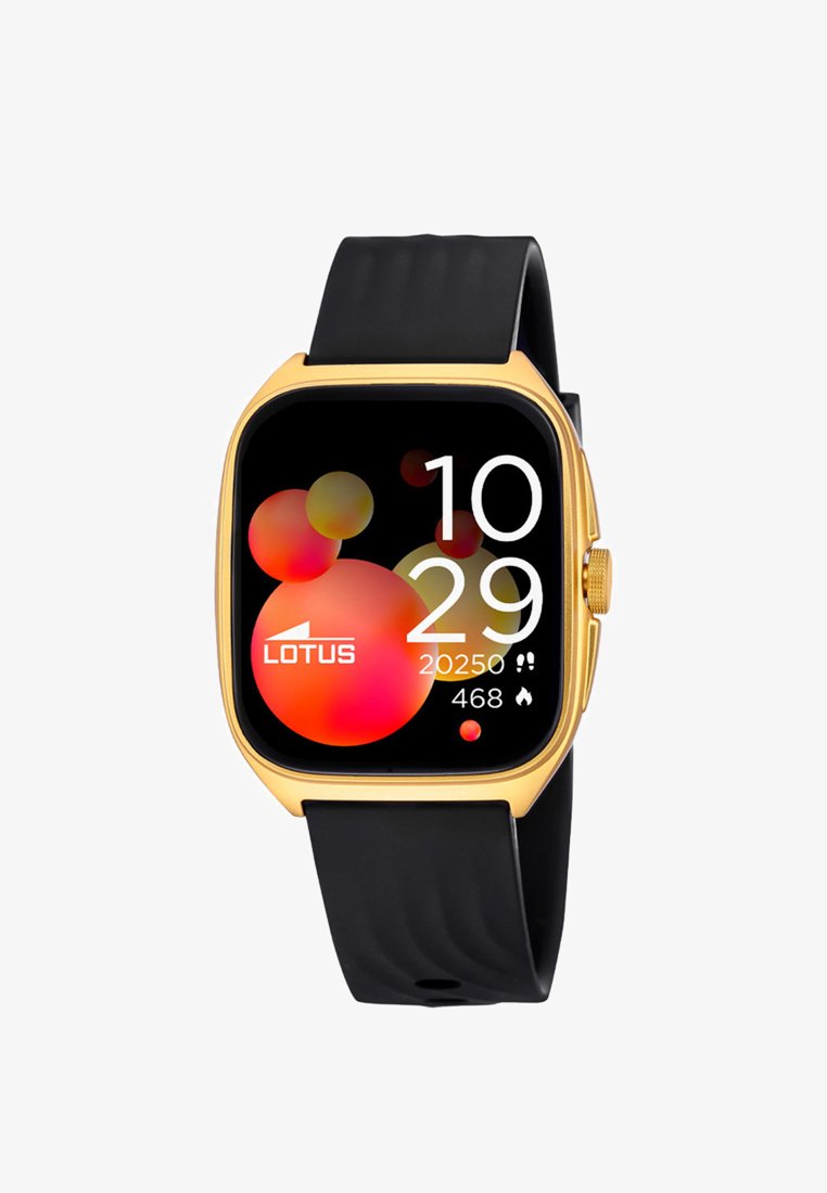 Smartwatch with gold frame, black strap, colorful circular design on screen showing time 10:29, step count 20,250, and calories 468.
