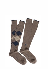 Calzini marroni fino al ginocchio con un motivo a diamante in blu navy e beige, dotati di polsini a costine di contrasto. Realizzati in un materiale morbido.