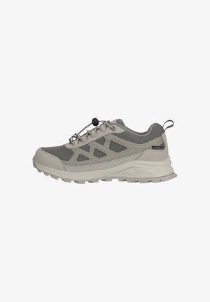 Grey waterproof hiking shoe with mesh panels, clip lace with toggle, rugged sole, and pull tab at the heel.