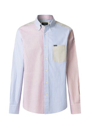 Camicia a maniche lunghe con bottoni, a righe verticali rosse, blu e beige, collo con bottoni e taschino sul petto a righe beige.