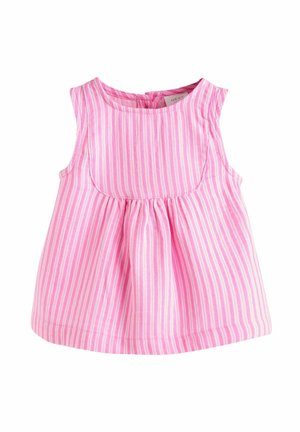 Rosa ärmlös topp med vertikala vita ränder, rundad halsringning, rynkad midja och knäppning baktill. Tillverkad av bomull, mjukt material.