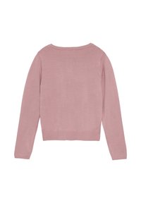 Ljusrosa kort jumper med långa ärmar, ribbade manschetter och nederkant samt en slät stickad yta. Bakifrån visas en enkel rundad halsringning.