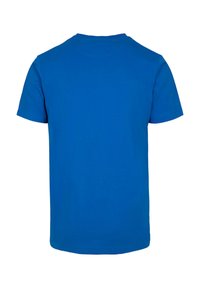 Blå bomulds T-shirt med rund halsudskæring, korte ærmer og en glat tekstur. Bageste udsigt viser en ensfarvet overflade uden mønstre.