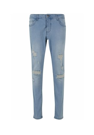 Lichtblauwe slim-fit jeans met versleten plekken op dijen en knieën, voorzien van steekzakken aan de voorkant en een knoopsluiting.