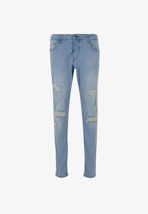 Hellblaue Jeans in Slim-Fit mit verwaschenen Stellen an Oberschenkeln und Knien, ausgestattet mit vorderen Taschen und einem Knopfverschluss.