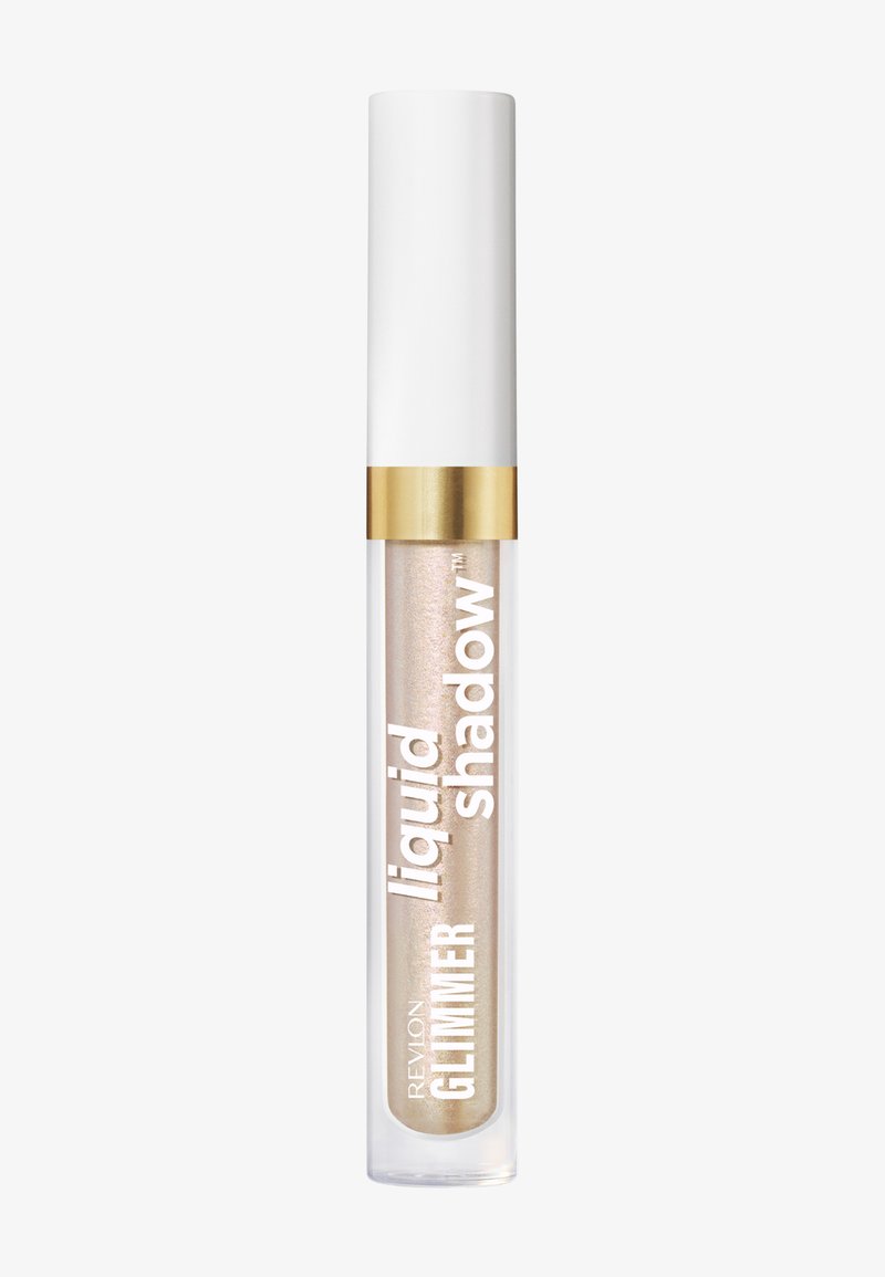 Tube transparent de fard à paupières liquide beige scintillant avec un capuchon blanc et une bande dorée, étiqueté « Revlon Glimmer Liquid Shadow ».