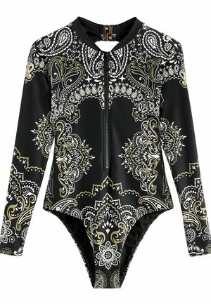 Schwarzer Langarm-Badeanzug mit einem Reißverschluss vorne, der aufwendige weiße und goldene Paisley- und Blumenmuster aufweist. Glattes, dehnbares Material.