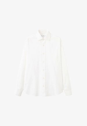 Biała bawełniana koszula z długim rękawem, zapinana na guziki, z klasycznym kołnierzem, zapięciem z przodu oraz zaokrąglonym dołem z delikatną fakturą.