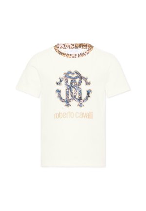 Wit T-shirt met korte mouwen, blauw slangenontwerp en tekst "roberto cavalli", met luipaardprint op de kraag.