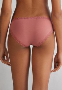 Rosenfarbene Baumwollunterhosen mit einem wellenförmigen Spitzenbund, die eine glatte Textur und ein körpernahes Design für Komfort bieten. Rückansicht dargestellt.