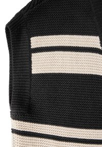 Schwarz- und cremefarbenes gewebtes Material mit horizontalen Streifen, einer strukturierten Oberfläche und einer runden Oberseite. Das Design ist einfach und funktional.