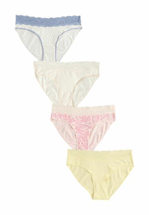 Set med fyra damunderkläder i varierande färger: blåa prickar, krämfärgad, rosa paisley och gul. Varje par har spetsdetaljer vid midjebandet.