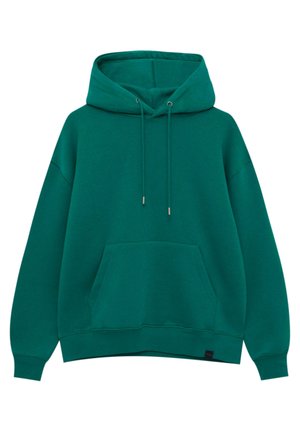 Turkusowo-zielona bluza z kapturem, ze sznurkami, kangurzą kieszenią z przodu, ściągaczami przy rękawach i u dołu, przedstawiona na białym tle.
